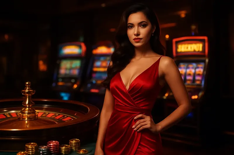 Elegant woman in red dress beside roulette and slot machines in luxury casino