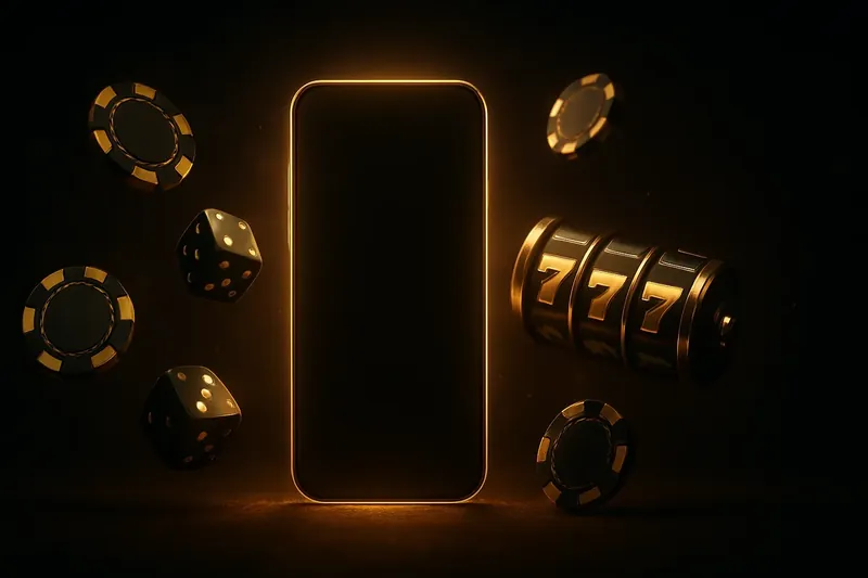 Glowing smartphone with floating casino chips, dice, and slot reels